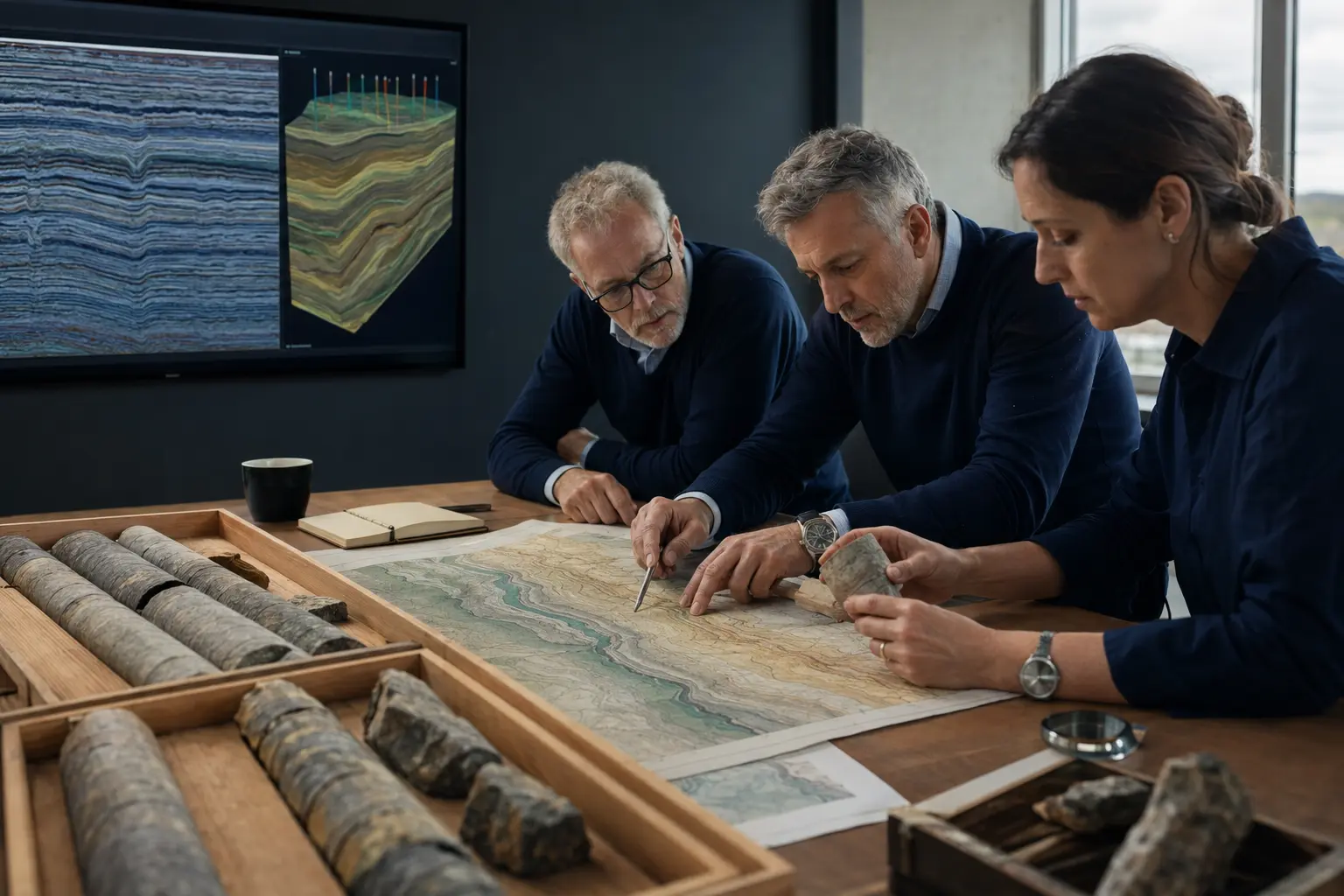 Technical team interpreting core samples and reservoir data